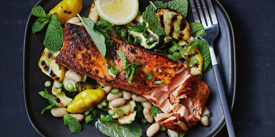 spicy sugar grilled salmon with zucchini salad 157591 1